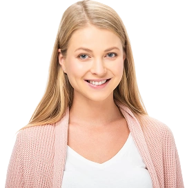 A woman with blonde hair smiling confidently in a clean and bright setting